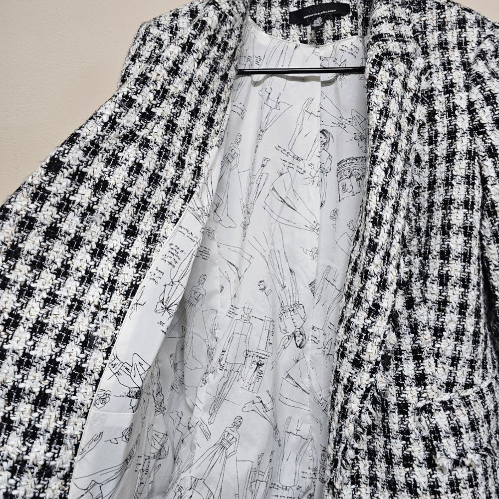 White House Black Market Tweed Fringe Blazer Jacket Women's 10 Black White - Picture 3 of 7